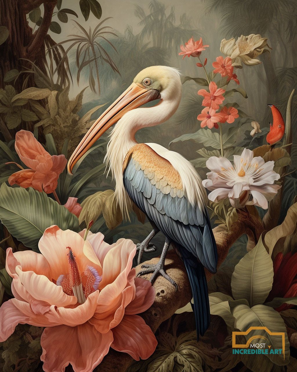 beautiful pelican surrounded by exotic flowers