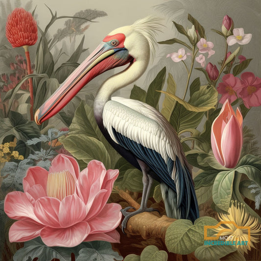 beautiful pelican surrounded by tropical plants