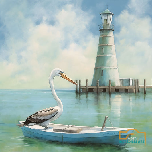 Key West Style Image Featuring A Sailboat, pelican and lighthouse