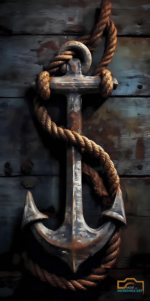 A Stunning Boat Anchor With Rope with wood plank background