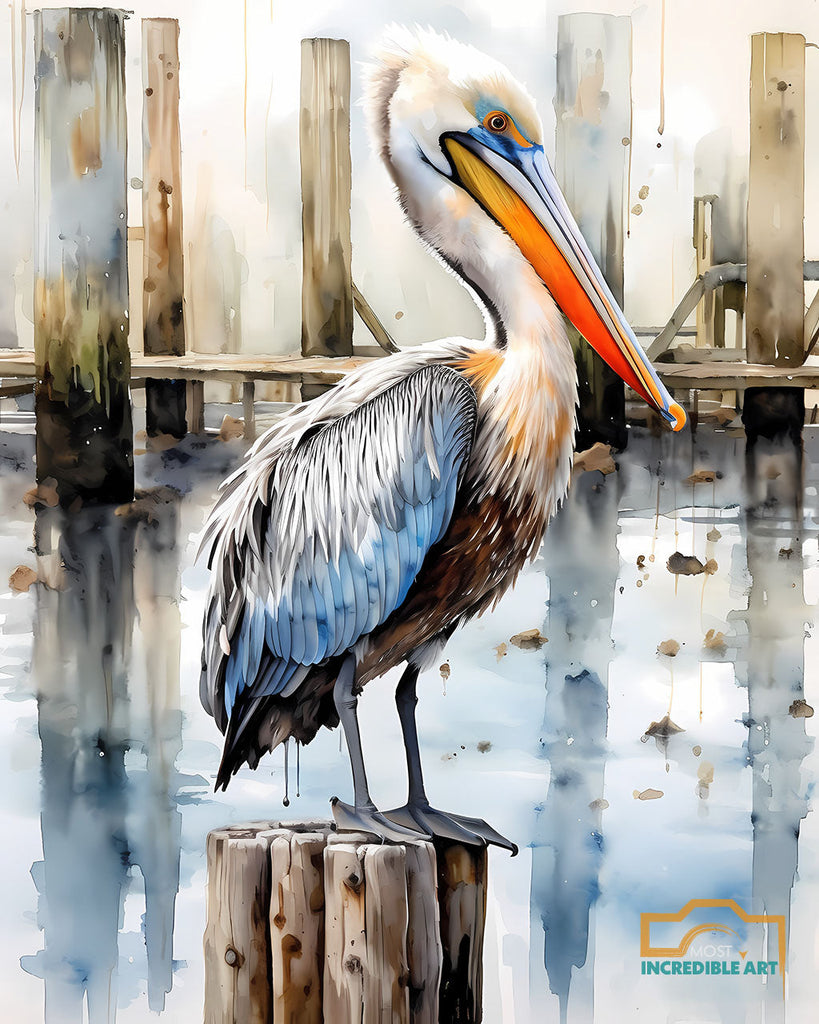 This incredible watercolor art piece showcases a majestic pelican in beautiful detail.