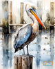 This incredible watercolor art piece showcases a majestic pelican in beautiful detail.