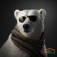 A cool polar bear, wearing black and gold Versace sunglasses
