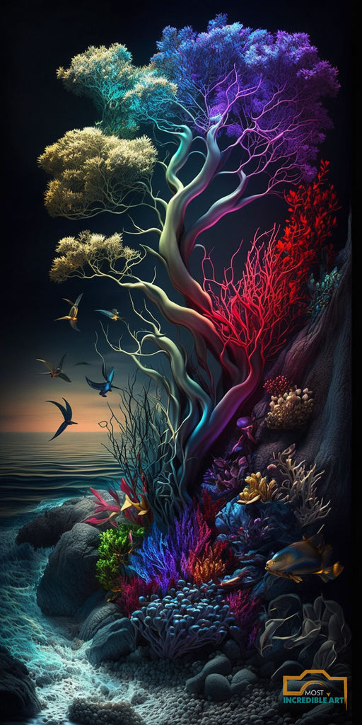 A beautiful colorful tree and underwater looking neon elements