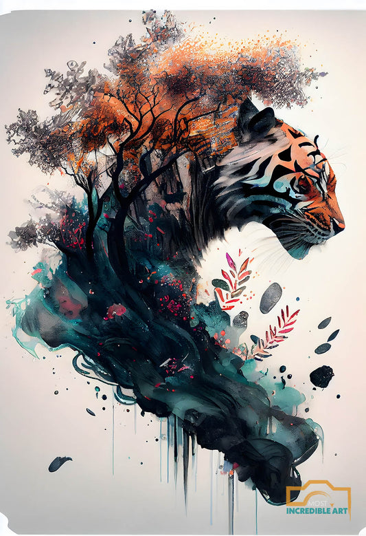 Abstract Tiger Art Watercolor into a Beautiful Tree with flowers - Wall Art