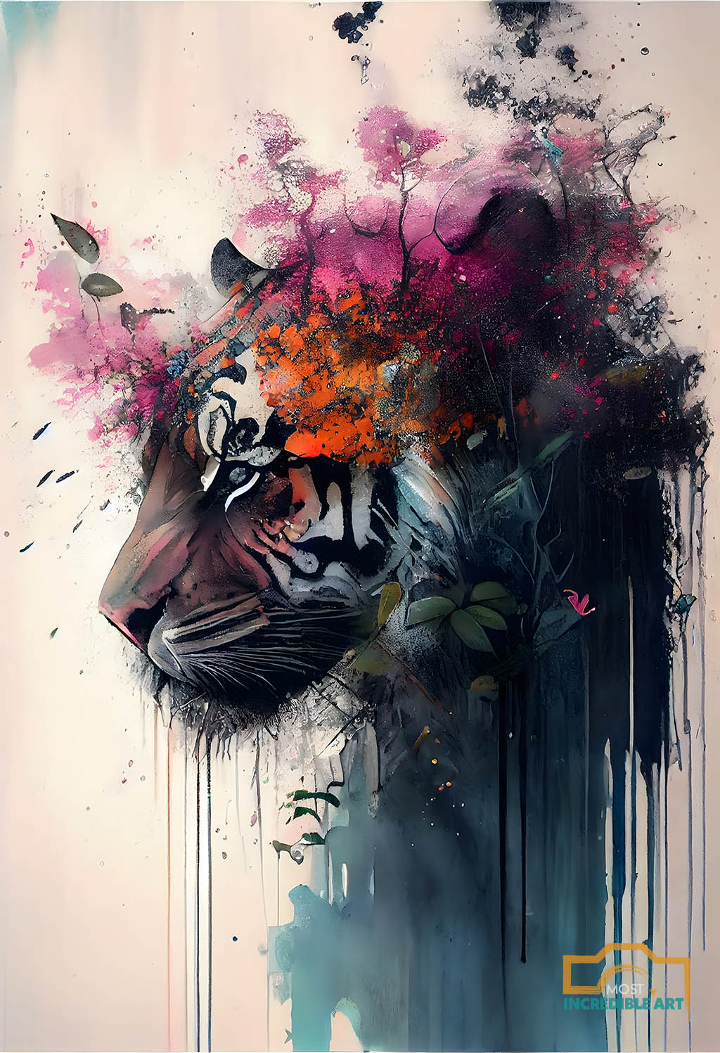 Colorful Majesty: Abstract Tiger Art Watercolor w/Vibrant Flowers (Digital Download)