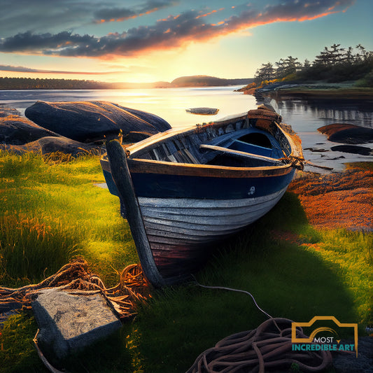 Golden hour in the coast of Maine there is a bay with an old boat - Wall Art