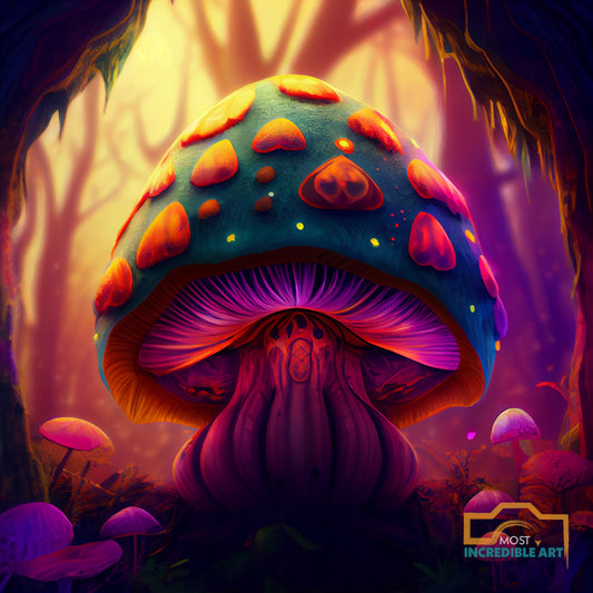 Mushroom with a big colorful cap with a smiling face - Wall Art