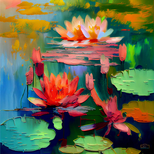Lily flowers in a pond with beautiful vibrant colors foggy