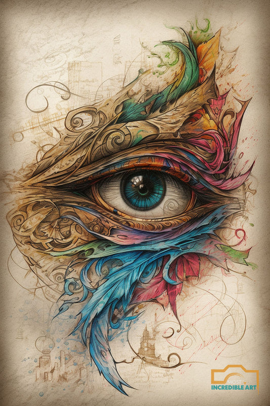 Beautiful detailed EYE art with abstract elements and sharp lines