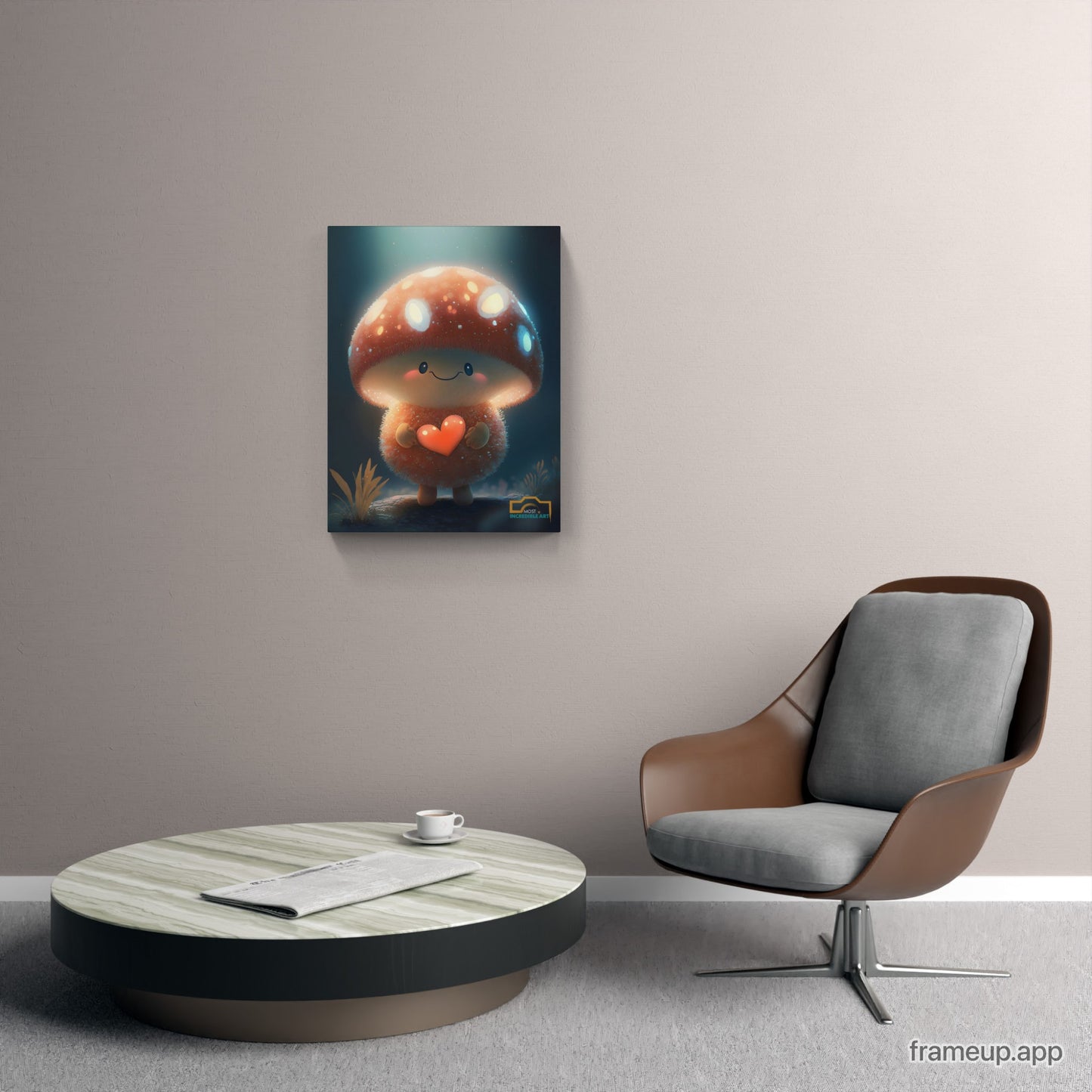 A tiny Anthropomorphic mushroom smiling and holding a heart - Wall Art