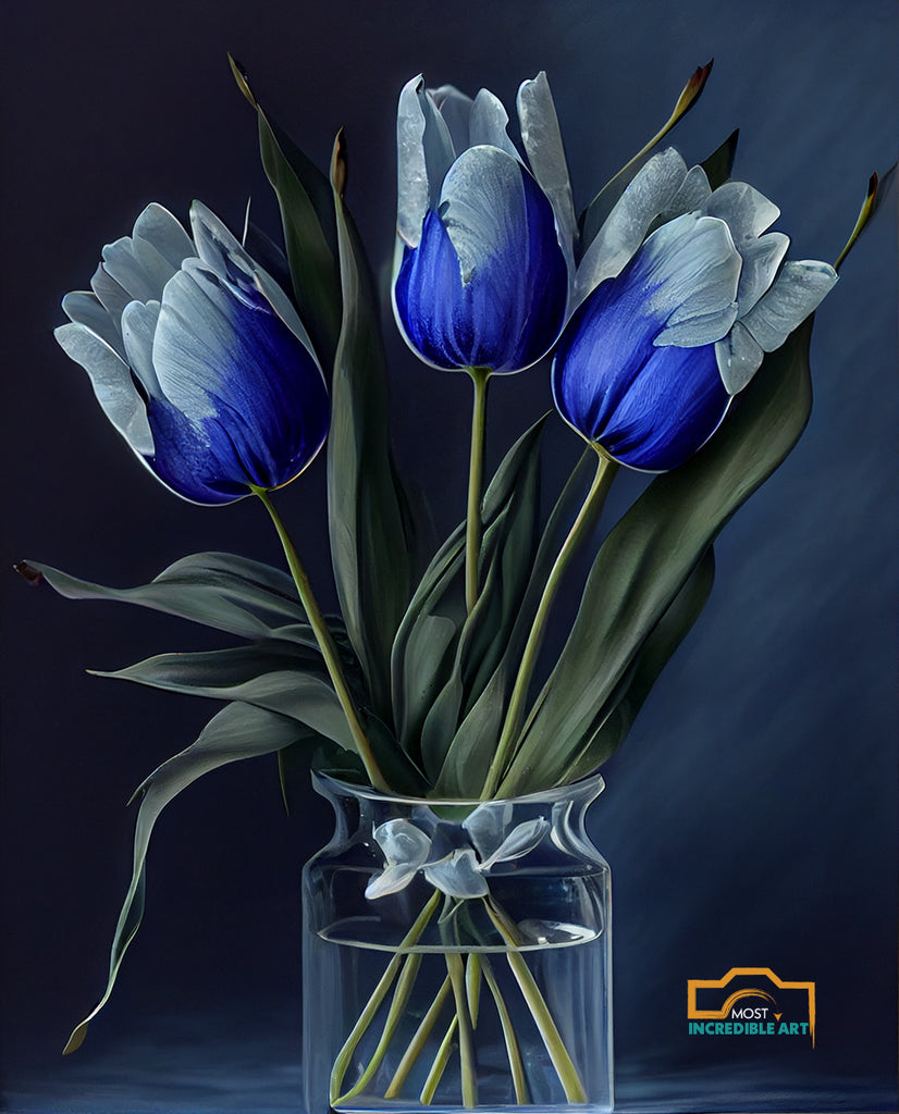 3 blue tulips, painterly style - wall art