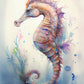 Wall art abstract watercolor painting of a colorful sea horse