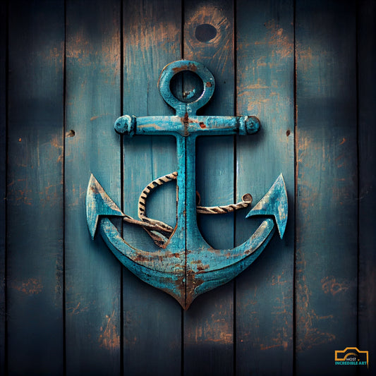 Blue Anchor on Wood Planks Nautical Theme Wall Art