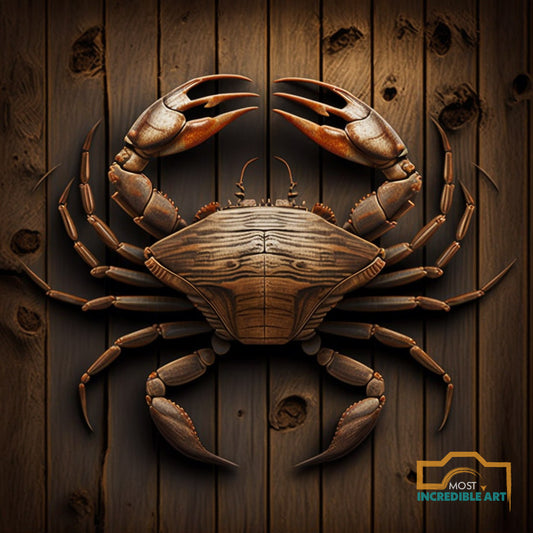 Crab with 3 pincers on wood background Nautical Theme - Wall Art