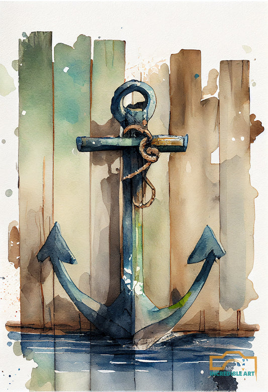 Watercolor Anchor on Wood Planks 2 - Nautical Theme Wall Art
