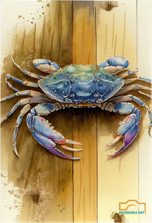 Watercolor Blue Crab on Wood Planks V2 - Wall Art