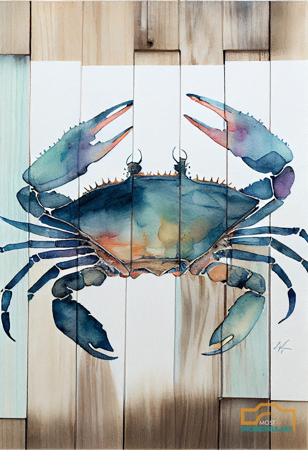 Watercolor Blue Crab on Wood Planks Nautical Theme - Wall Art