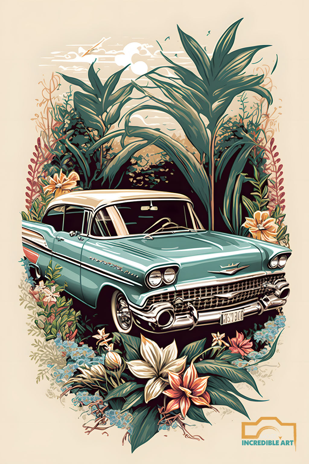 Chevy Bel Air surrounded by exotic flowers | Vintage botanicals