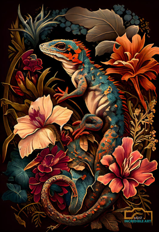 A Gecko surrounded by exotic flowers | Vintage botanicals