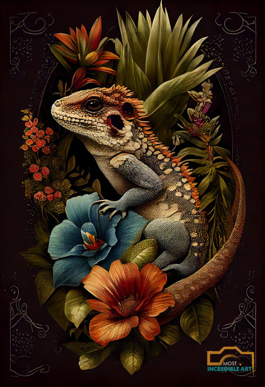 A gecko surrounded by exotic flowers V2 | Vintage botanicals