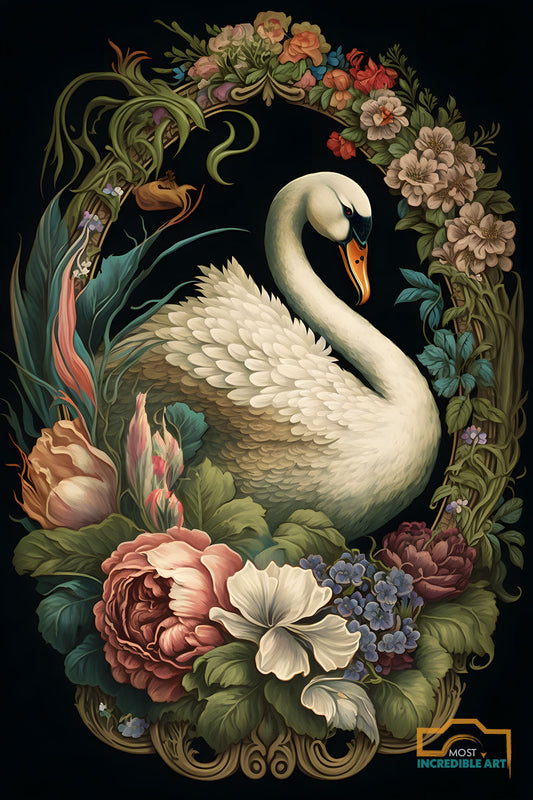Beautiful Swan surrounded by exotic flowers on Black Background | Digital Download