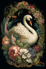Beautiful Swan surrounded by exotic flowers on Black Background | Digital Download