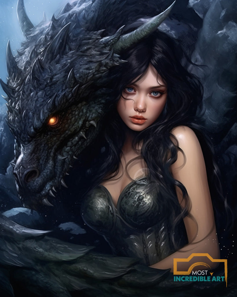 A Beautiful Dark Haired Girl And The Dragon Fantasy Lo 252