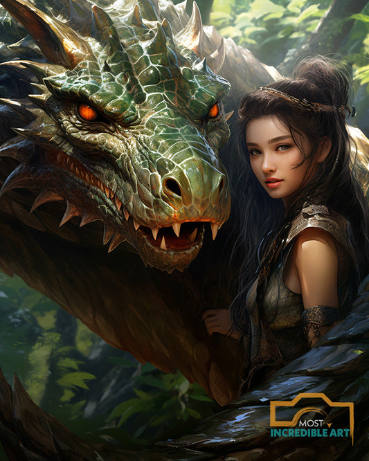 A Beautiful Dark Haired Girl And The Dragon Fantasy 