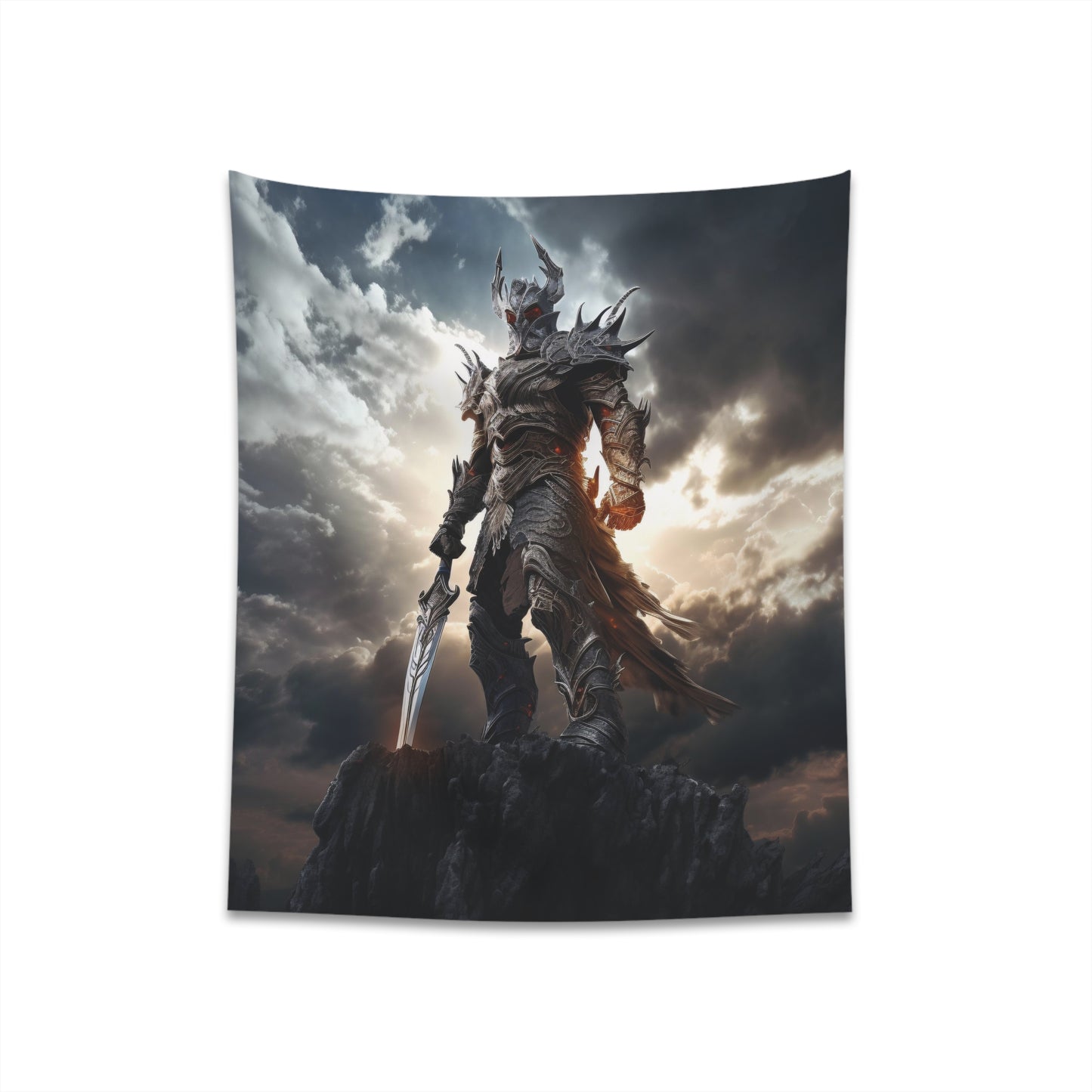 A heroic fantasy warrior clad in silver armor - printed wall tapestry