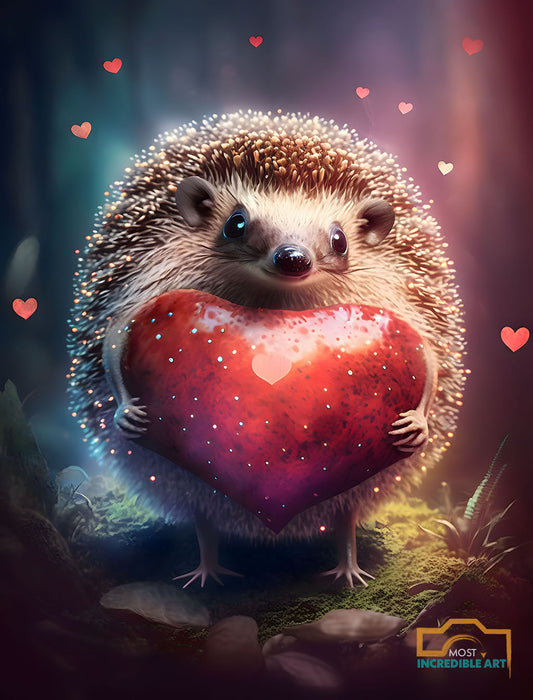 A beautiful anthropomorphic hedgehog smiling while holding a heart - Wall Art