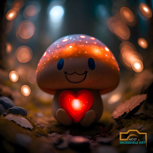 A beautiful anthropomorphic mushroom smiling and holding a heart - Wall Art