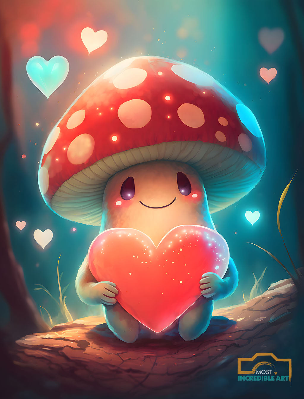 Anthropomorphic mushroom smiling and holding a heart - Wall Art