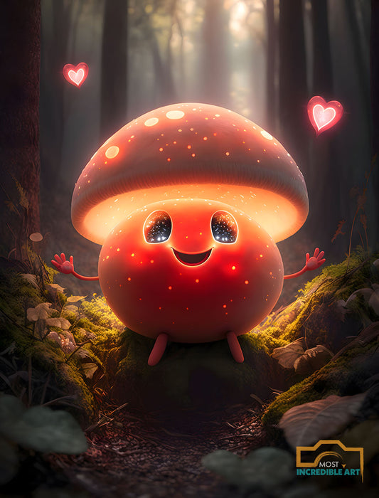 A Cute Anthropomorphic mushroom smiling and holding a heart - Wall Art