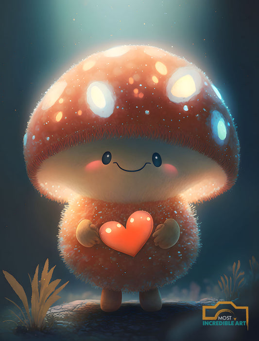 A tiny Anthropomorphic mushroom smiling and holding a heart - Wall Art