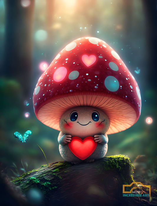 A super cute anthropomorphic mushroom holding a heart - Wall Art