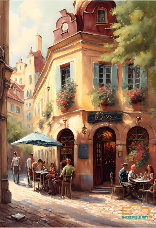 A charming european cafe with outdoor seating - Printable Wall Art