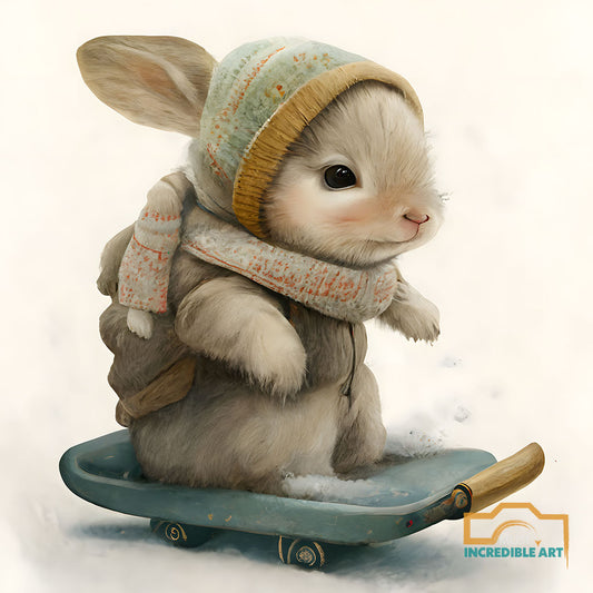 A cute baby bunny wearing a winter clothes and hat