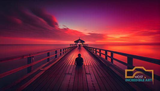 A lone person sitting on a pier and watching the sunset - Wall Art