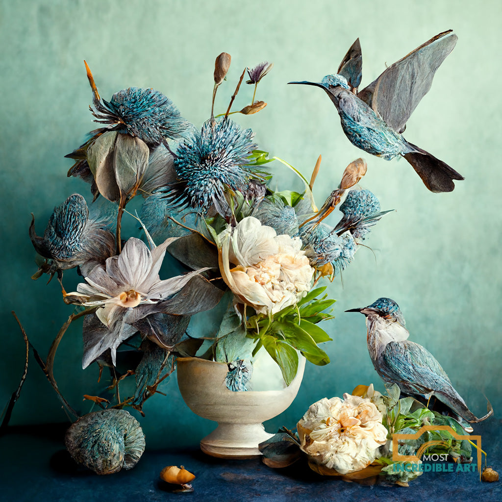 Beautiful botanical arrangement with humming bird