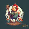 A rooster character in overalls with a garden fork