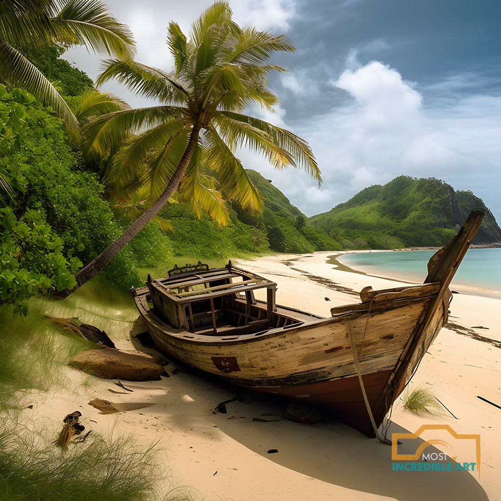 A rustic abandoned boat on a beach with no one around