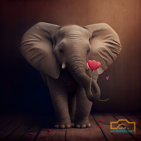 Valentine's Day Elephant holding a flower - Ai Wall Art