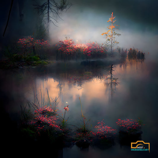 Magical ancient foggy forest with a little lake