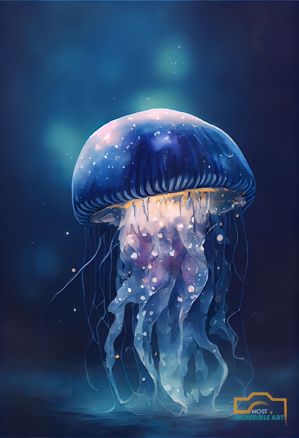 A watercolor painting of a dark blue jellyfish