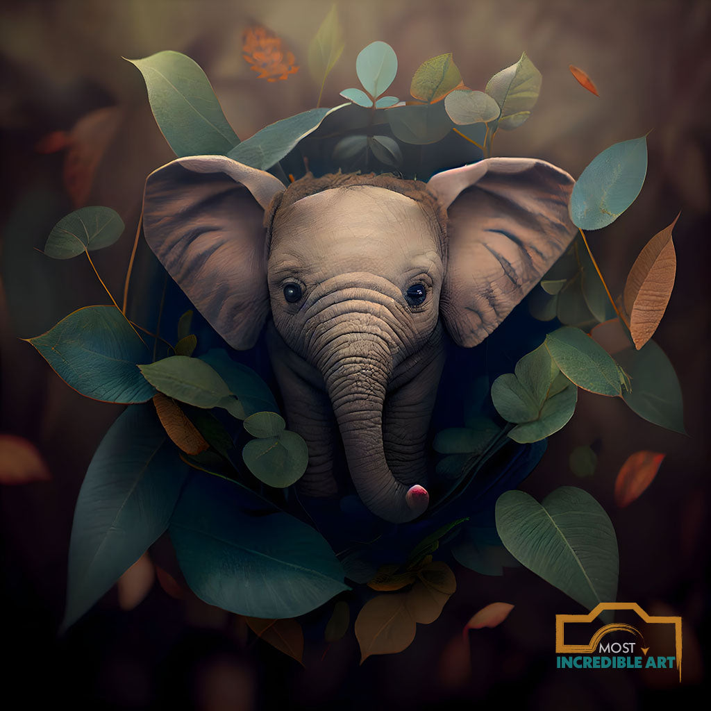 A very cute baby elephant with beautiful leaves - Ai Wall Art