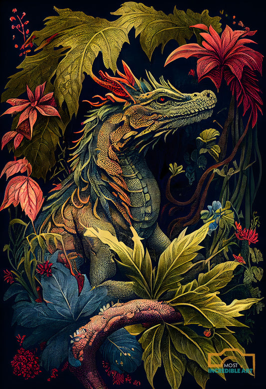 A detailed dragon sitting in exotic botanicals