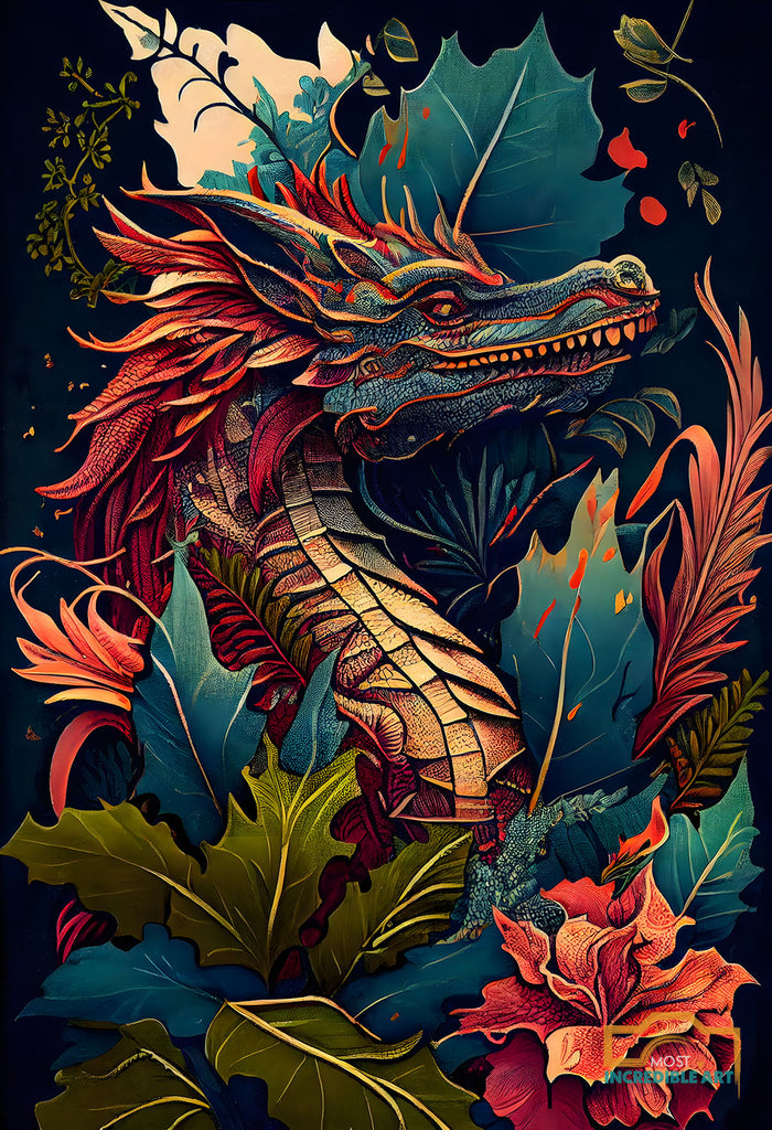 A detailed dragon sitting in exotic botanicals - Wall Art Digital Download