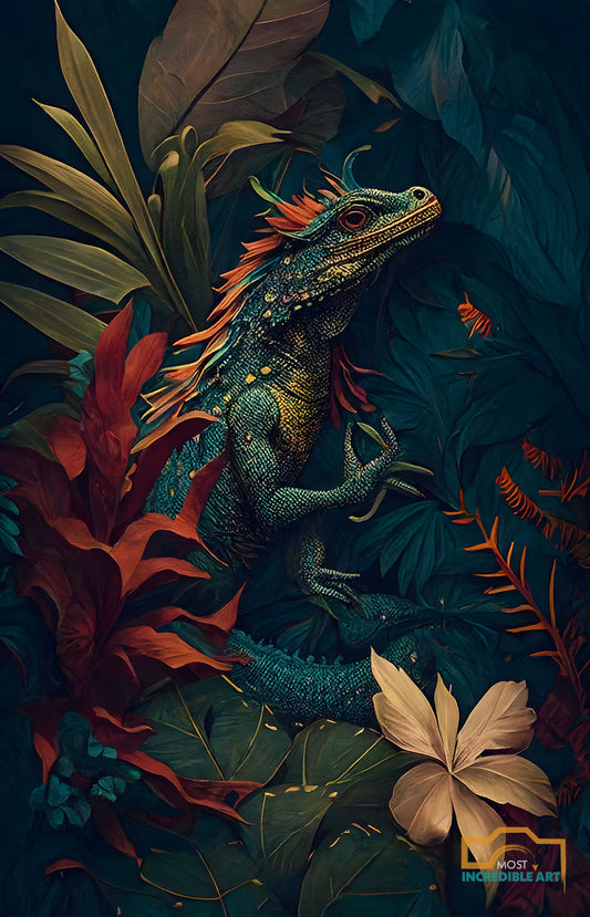 A vintage botanicals of a detailed dragon sitting in a exotic location