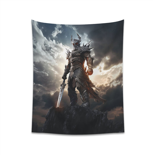 A heroic fantasy warrior clad in silver armor - printed wall tapestry